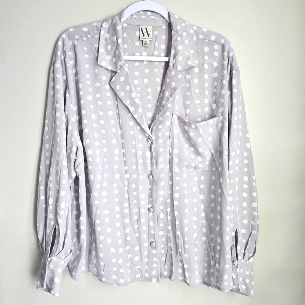 Pastel Light‎ Purple Gray White Polka Dots Loose Fit Cropped Button Down Office